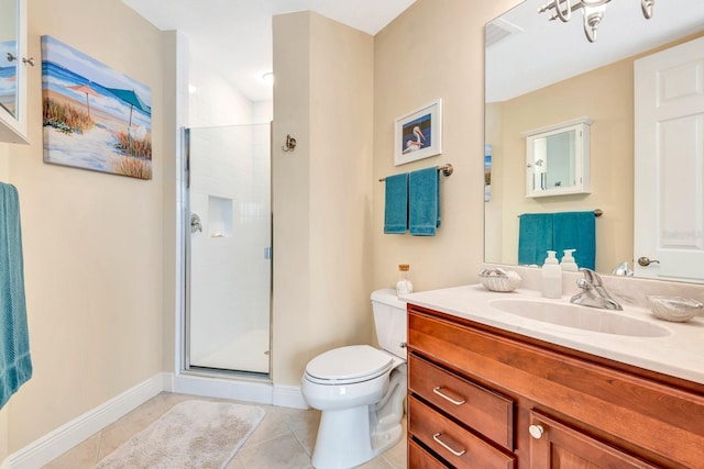 bathroom featuring tile patterned floors, vanity, toilet, and a shower with door