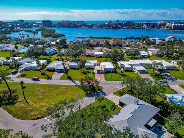 aerial view featuring a water view