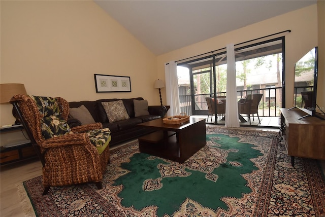 living room with hardwood / wood-style flooring and high vaulted ceiling