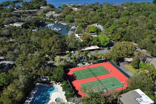 aerial view featuring a water view