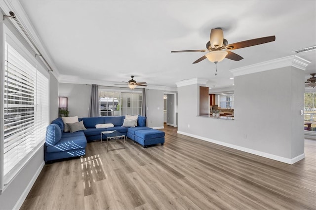 living room with light wood-type flooring, ceiling fan, and crown molding