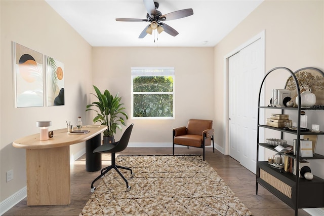 942 Preservation St, Bradenton, FL 34208 - office area featuring baseboards, wood finished floors, and ceiling fan