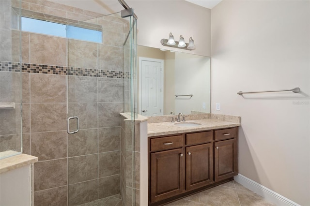942 Preservation St, Bradenton, FL 34208 - full bathroom with a stall shower, vanity, tile patterned flooring, and baseboards