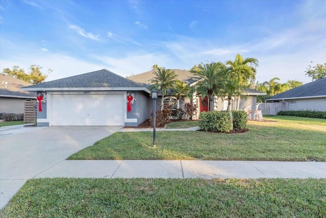 ranch-style house with a garage and a front yard