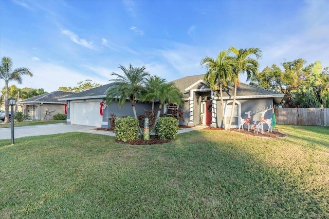 single story home with a front lawn and a garage