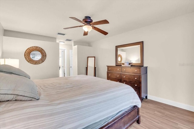 bedroom featuring ceiling fan and light wood-type flooring