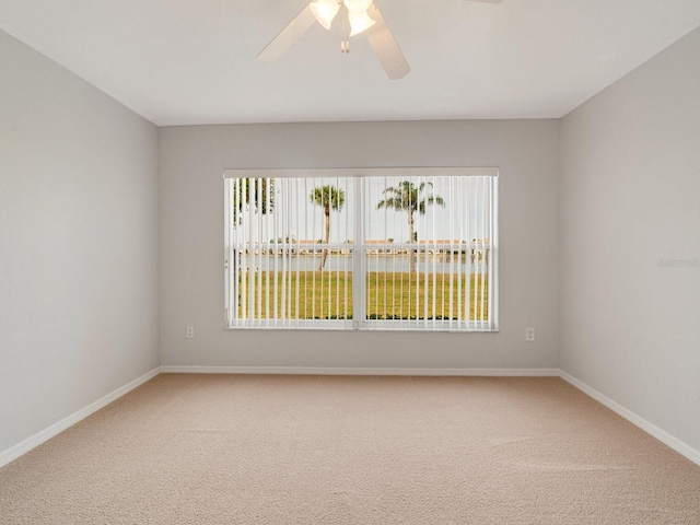 unfurnished room with ceiling fan and carpet flooring