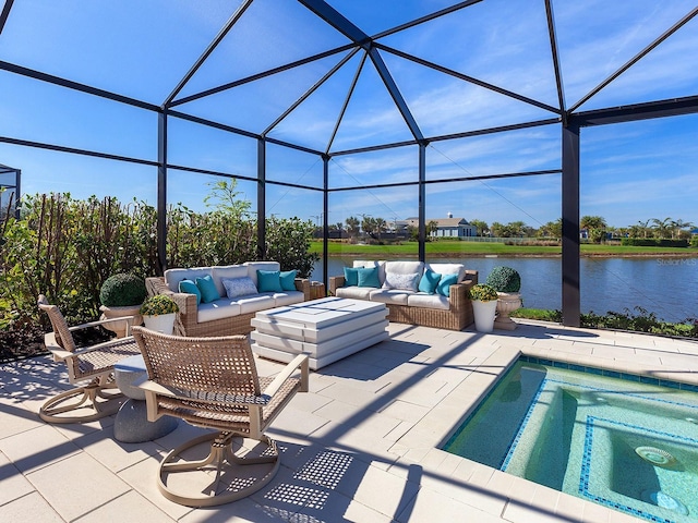 view of swimming pool featuring a lanai, a patio area, a water view, and an outdoor hangout area