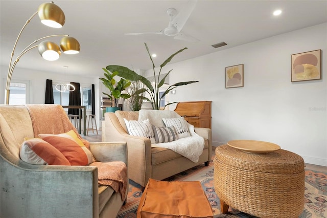 living room with ceiling fan