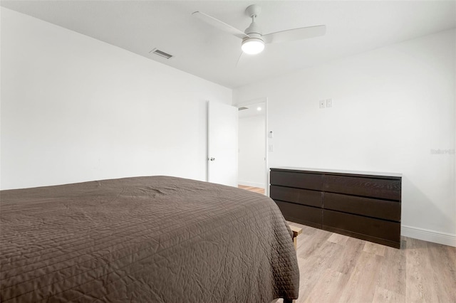 bedroom with light hardwood / wood-style floors and ceiling fan