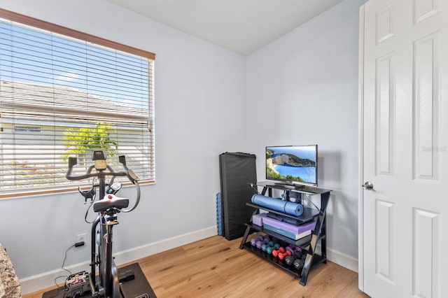 exercise area featuring hardwood / wood-style floors