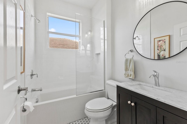 full bathroom with shower / tub combination, vanity, and toilet