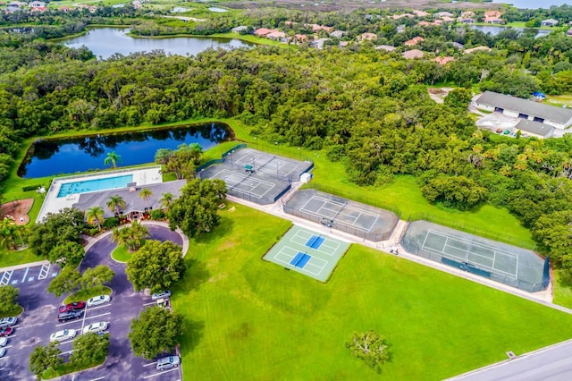 birds eye view of property featuring a water view