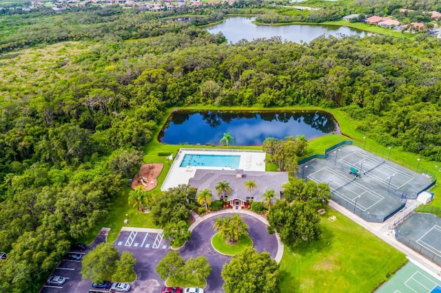 aerial view featuring a water view