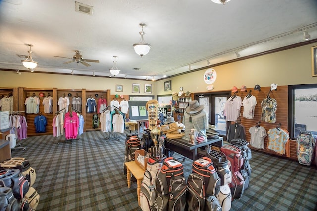 miscellaneous room with rail lighting, carpet flooring, ceiling fan, and french doors