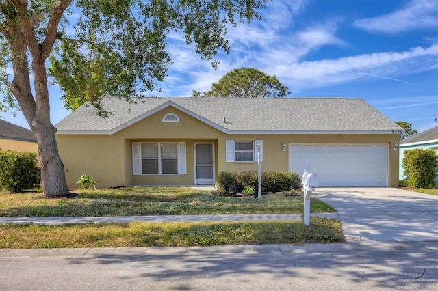 single story home featuring an attached garage, roof with shingles, concrete driveway, and stucco siding