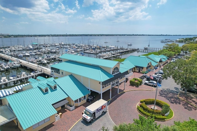 aerial view featuring a water view