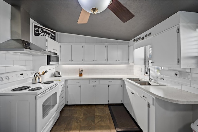 kitchen with white cabinets, wall chimney exhaust hood, and white electric stove