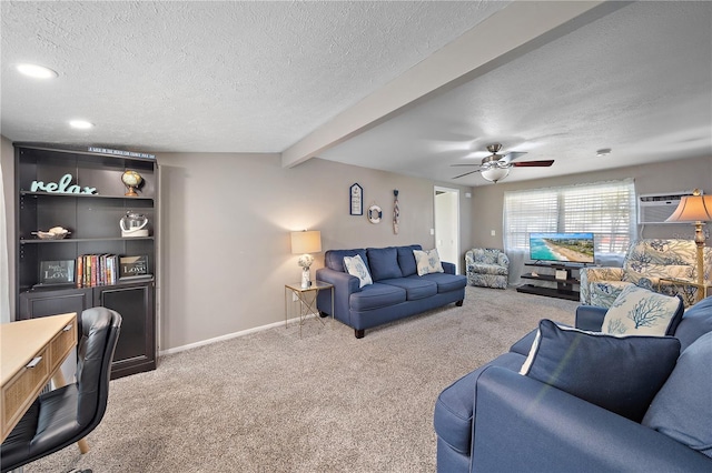 carpeted living room with a wall mounted air conditioner, ceiling fan, vaulted ceiling with beams, and a textured ceiling