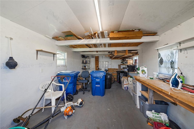 garage with a workshop area