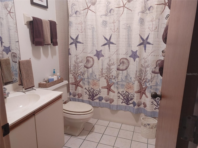 full bathroom featuring tile patterned flooring, vanity, shower / bath combination with curtain, and toilet