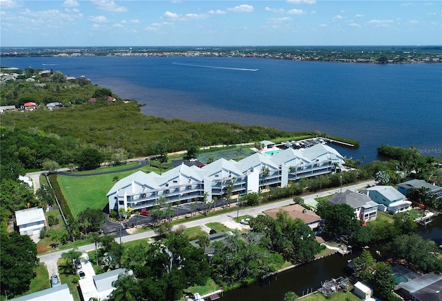 aerial view featuring a water view