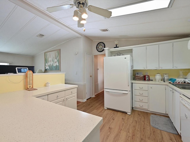 kitchen with lofted ceiling, white appliances, white cabinets, ceiling fan, and light hardwood / wood-style floors