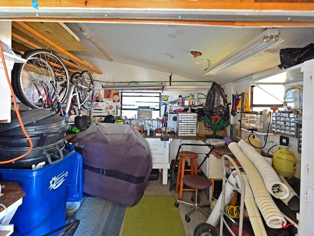 garage with a workshop area