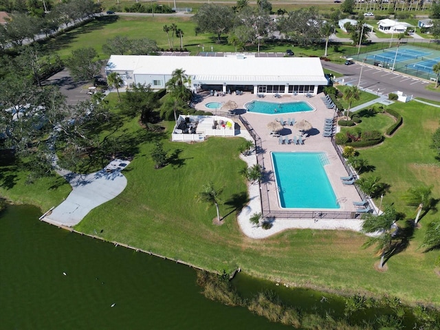 drone / aerial view featuring a water view