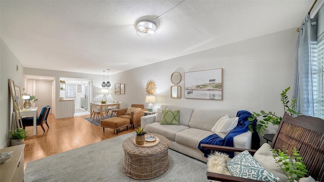 living room with wood-type flooring and a textured ceiling