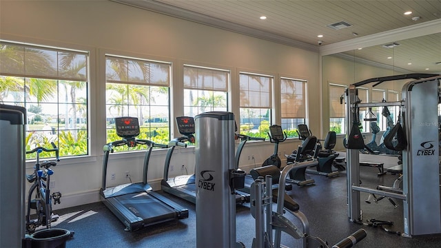 exercise room featuring a healthy amount of sunlight, crown molding, and wooden ceiling