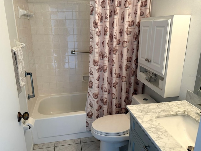 full bathroom featuring shower / tub combo, vanity, and toilet