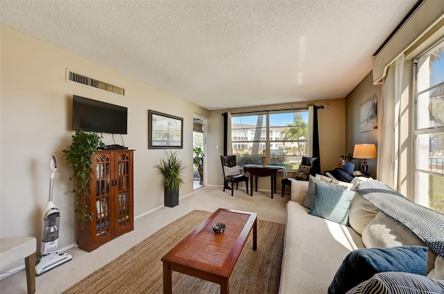 living room with light carpet and a textured ceiling