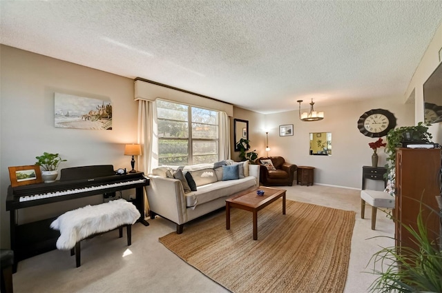 carpeted living room featuring a chandelier and a textured ceiling