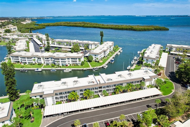 aerial view featuring a water view