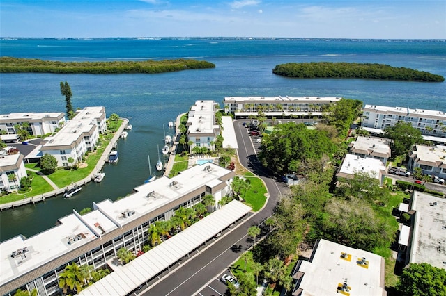 bird's eye view with a water view