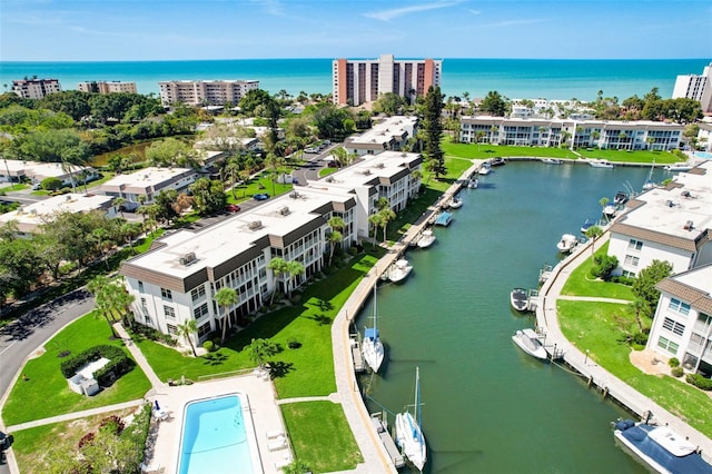 aerial view featuring a water view