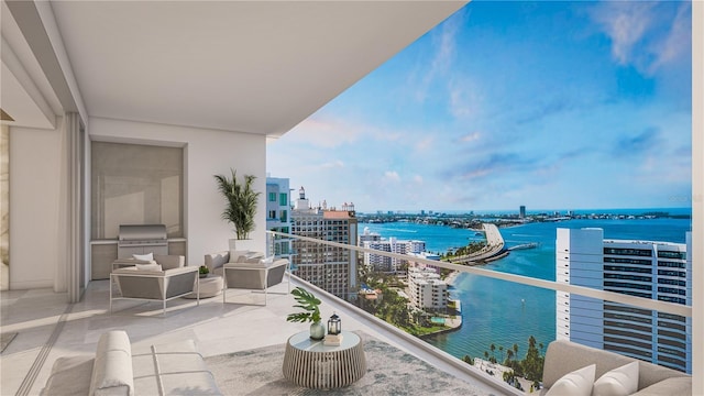 balcony with grilling area, an outdoor hangout area, and a water view