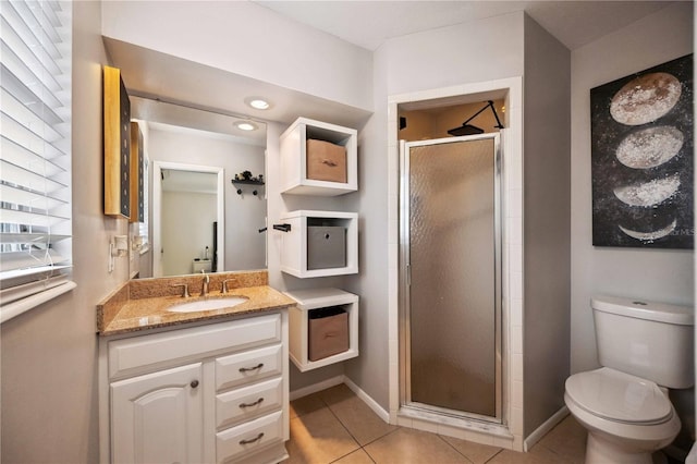 bathroom with tile patterned flooring, vanity, an enclosed shower, and toilet