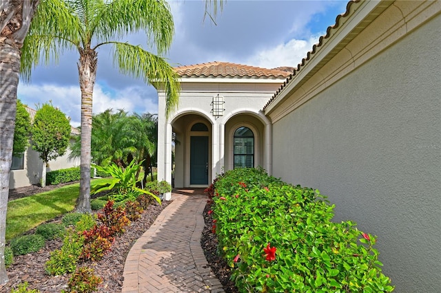 view of exterior entry with a tiled roof and stucco siding