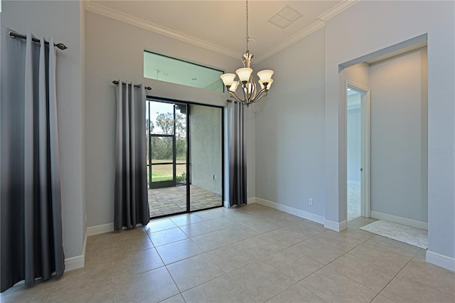 unfurnished room featuring light tile patterned floors, a chandelier, visible vents, baseboards, and crown molding