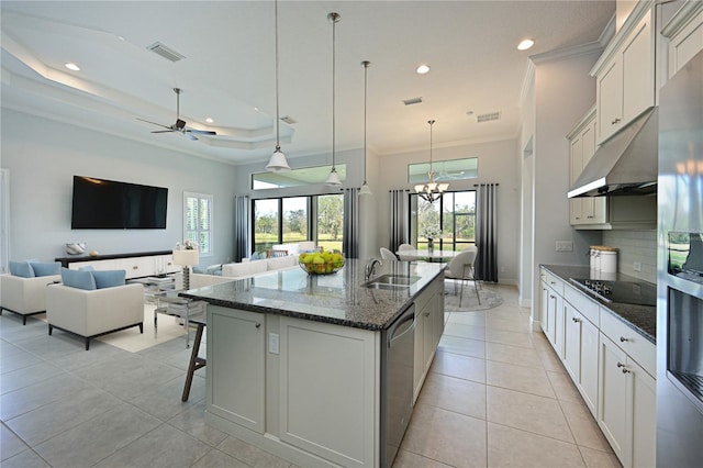 kitchen featuring a spacious island, under cabinet range hood, white cabinetry, and appliances with stainless steel finishes