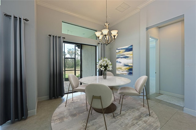 dining area with a chandelier, light tile patterned flooring, visible vents, baseboards, and crown molding