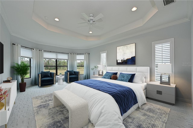 bedroom with recessed lighting, visible vents, baseboards, carpet, and a raised ceiling