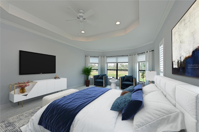 bedroom featuring recessed lighting, a raised ceiling, crown molding, and baseboards