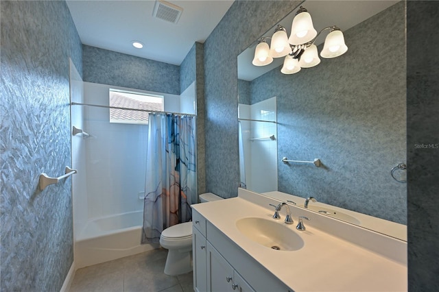 full bath featuring tile patterned flooring, toilet, vanity, visible vents, and shower / bath combination with curtain