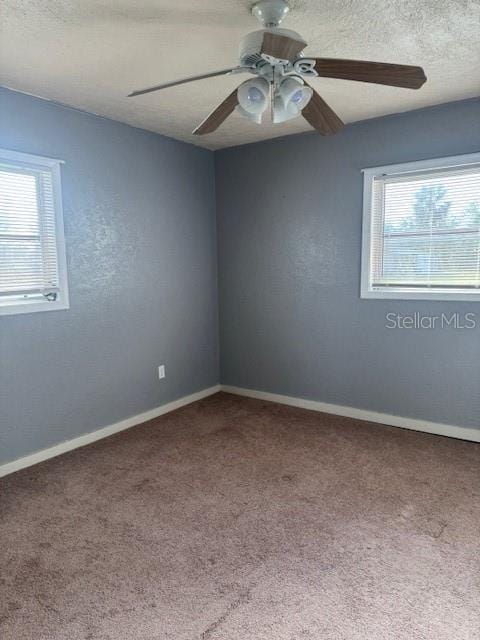 empty room featuring carpet, a textured ceiling, a wealth of natural light, and ceiling fan