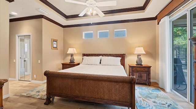 bedroom with access to outside, ceiling fan, and crown molding