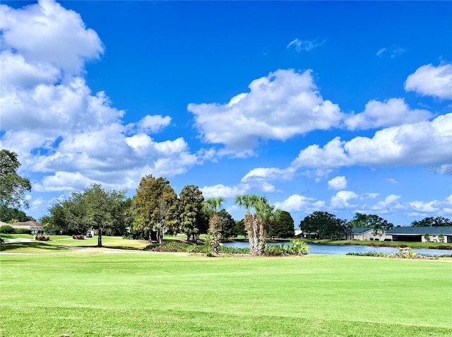 view of property's community featuring a water view and a yard