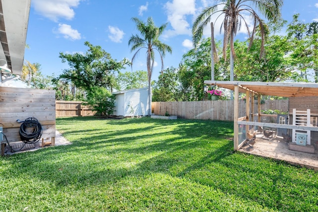 view of yard featuring a storage unit